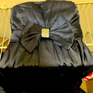 Strapless dark blue satin ankle length gown. Suitable for 5ft-5ft3